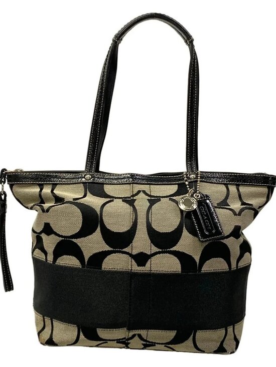 Coach Handbags - COACH F13548 Black Beige Leather Jacquard Shoulder Bag